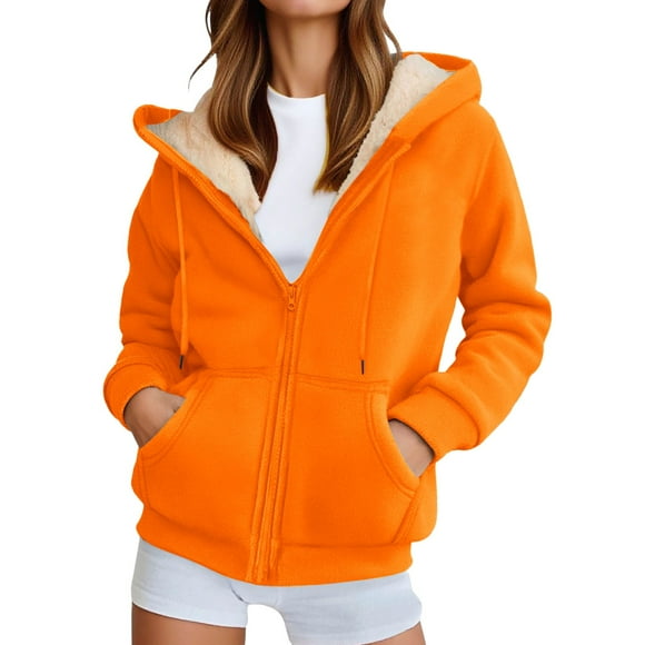 SGMVNU Fleece Hoodie Jacket for Women Zip up Sweatshirt Fleece Lined Jackets Warm Outerwear Casual Winter Coat with Pockets(Orange, XL)