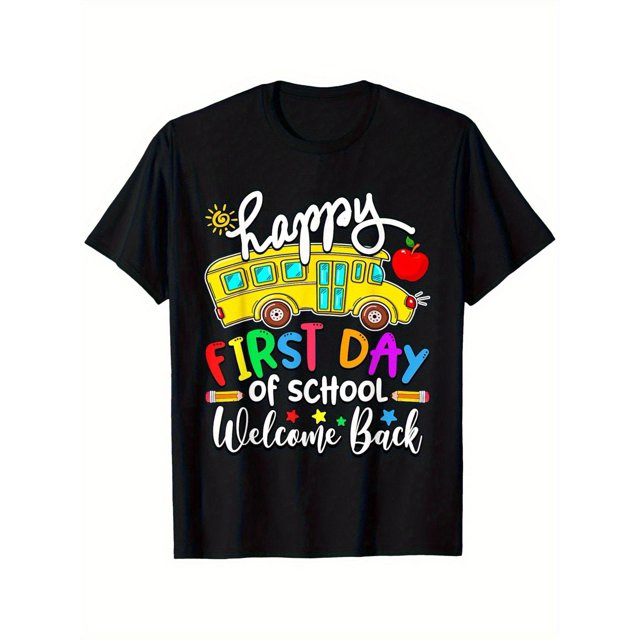 Welcome Back to School Happy First Day Teacher Bus Driver T-Shirt, unisex Casual Round Neck outdoor Short Sleeve T-Shirt with Slight Stretch, Men'S Summer Clothes, Slightly elastic, 100% Cotton