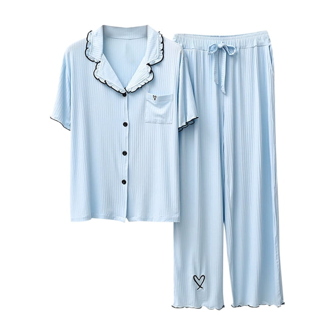 Womens 2 Piece Modal Pajama Set Summer Button Down Sleepwear Short Sleeve Collared Frilly Pants Sets Nightwear Pjs Blue, M
