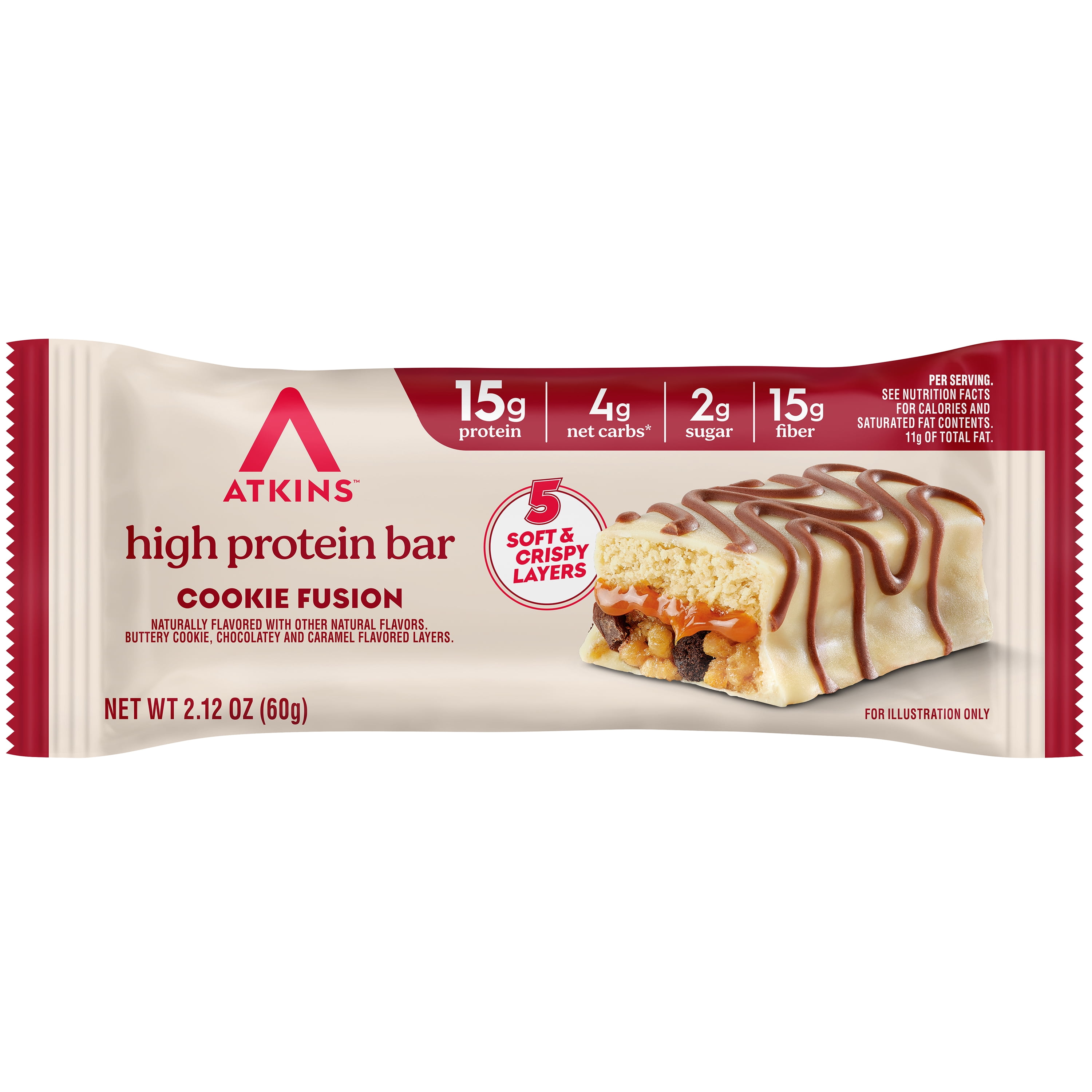 Atkins High Protein Bars, Cookie Fusion Flavor, 15g of Protein, 4g Net Carbs, Keto Protein Bars, Low Sugar, 4 Count