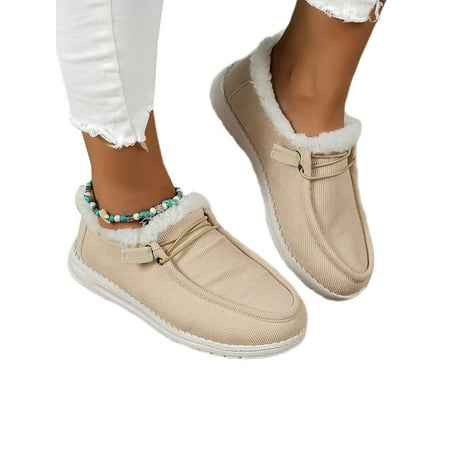 

SIMANLAN Slip On Sneakers for Women Ladies Shoes Wide Width Winter Warm Canvas Boat Loafers with Plush Lined Khaki (plush lined) 8