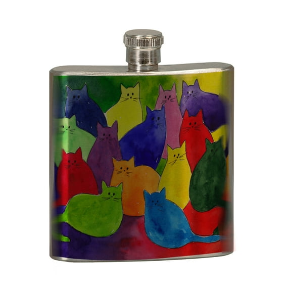 KuzmarK 6 oz. Stainless Steel Pocket Hip Liquor Flask - Colorful Kitties in Crayon Colors Art by Denise Every