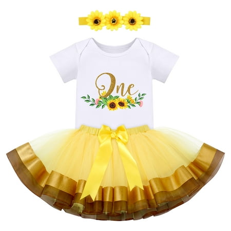 FYMNSI Baby Girl First Birthday Outfit Flower Theme Cotton Short Sleeve Romper Tutu Tulle Skirt Crown Headband 3pcs Set 1Y Yellow One