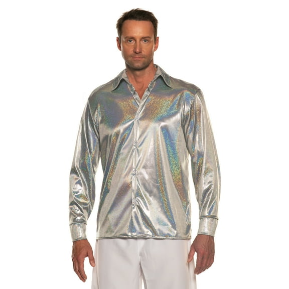 UNDERWRAPS 70s Silver Metallic Shirt - Long Sleeve Shirt , Disco Outfit, Cosplay Costume, Rave Outfits, Halloween Disco Party, Prom Party