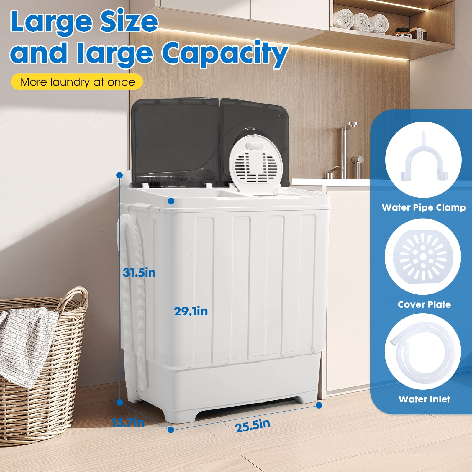 Dawmilon Portable Twin Tub Washing Machine, 28 lb Capacity with Drain Pump, Compact Washer for Apartments, Dorms & RVs, Grey