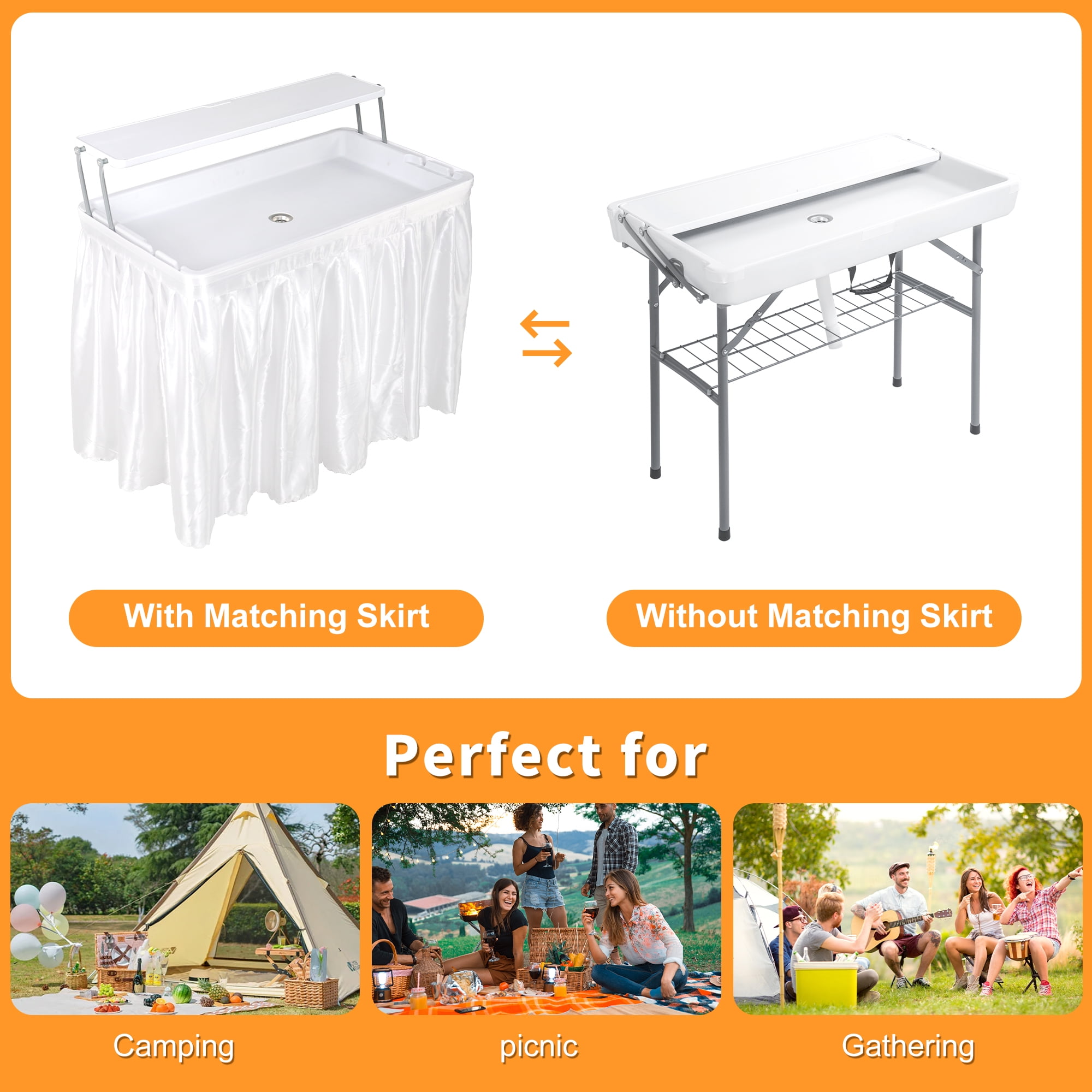 Garvee Folding Ice Cooler Table with Drain, 2-Tier Ice Table with Removable Skirt and Extra Storage Shelf, Foldable Outdoor Cooler Tables for Events, Parties, Wedding, Camping, BBQ