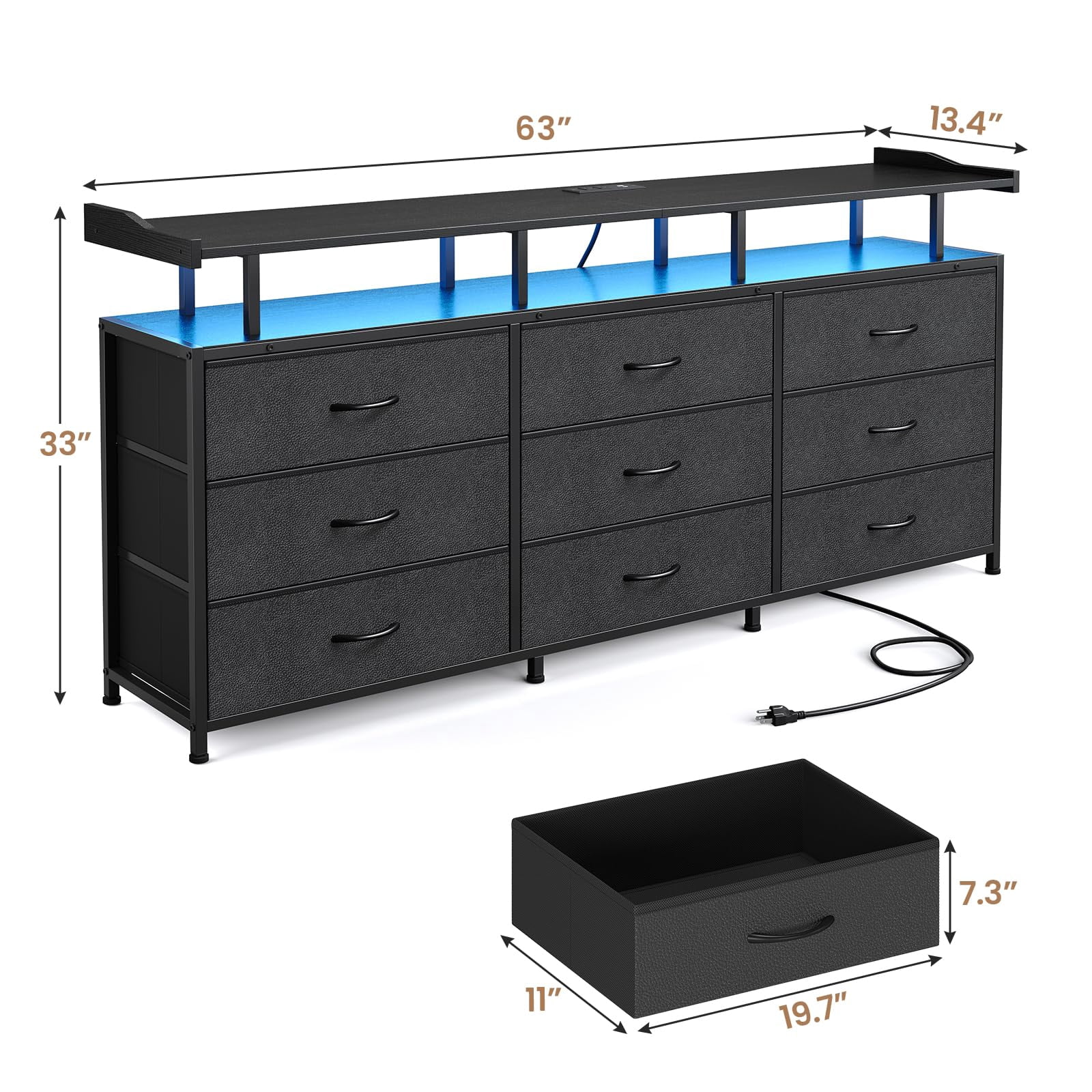 9 Drawers TV Stand Dresser for 65/75/50 inch TV, Entertainment Center, 63" W Large LED TV Stand with LED Lights & Power Outlets, TV Console for Bedroom,Black