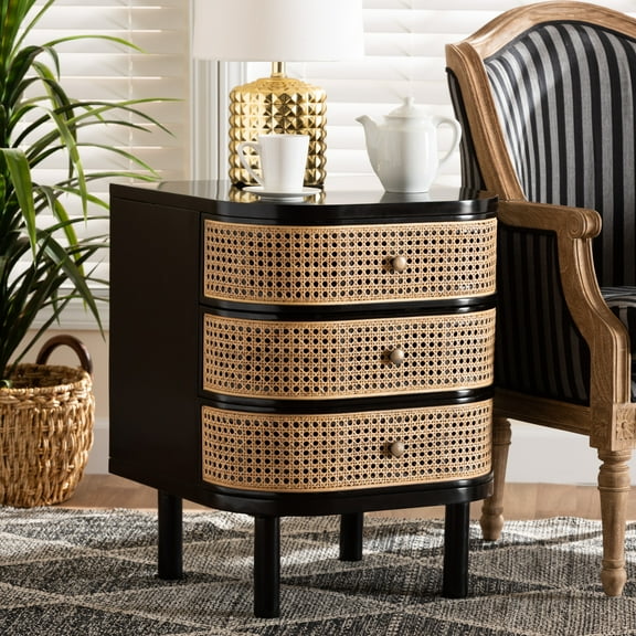 bali & pari Nabila Rattan and Bayur Wood BOHO Nightstand, 3-Drawer, Black