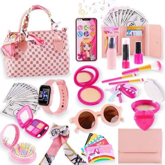 Syenll Play Purse Set for Little Girls, 38 Pcs Toddler Purse Toys with Handbag, Wristwatch, Silk Scarf, Pretend Makeup Set Gift for Girls Age 3 