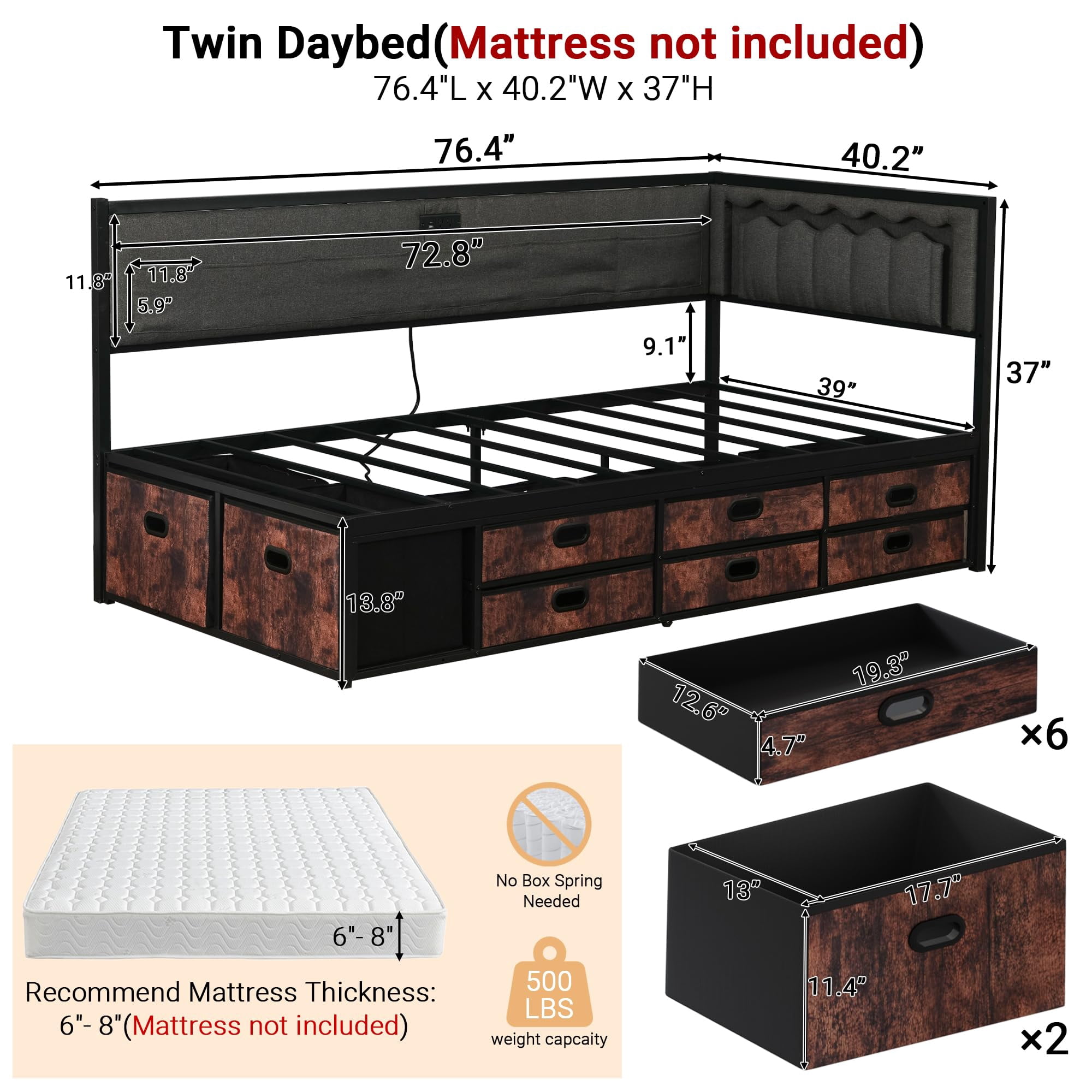 Miniyam Twin Daybed with Storage Drawers, Charging Station and LED Light, Reversible Upholstered Corner Bed Frame