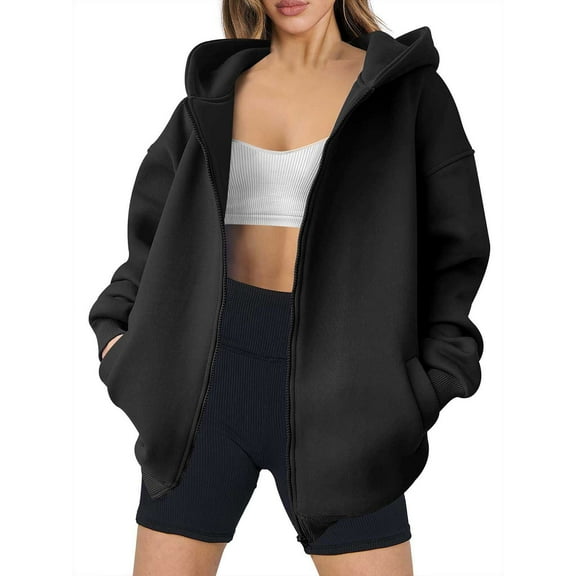 Htigea Womens Oversized Hoodies Full Zip Up Hooded Sweatshirt with Pockets Casual Loose Athletic Jackets Coat Black S