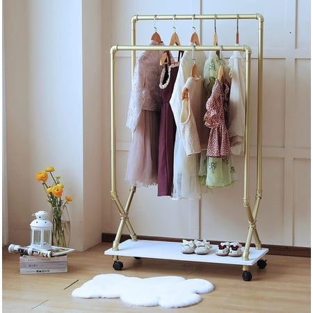Child Clothes Rack,Rolling Gold Clothing Racks on Wheels,Metal Gold Clothes Racks with Shelves,Modern Coat Rack freestanding for Organizing Clothes and Shoes,bags,hats