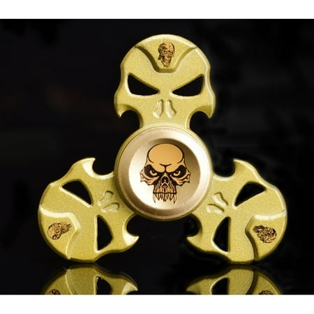 KIKO Ceramic Stainless Steel Bearing Aluminum Metal Skull Print Matte Novelty Spinning Tops Triple Skull Fidget Spinner Toys for ADD ADHD Focus Anxiety Autism Adult Children Kids, Gold