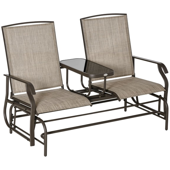 2-Person Outdoor Glider Swing with Center Table, Patio Rocking Bench Loveseat with Breathable Mesh for Garden Backyard Porch, Brown