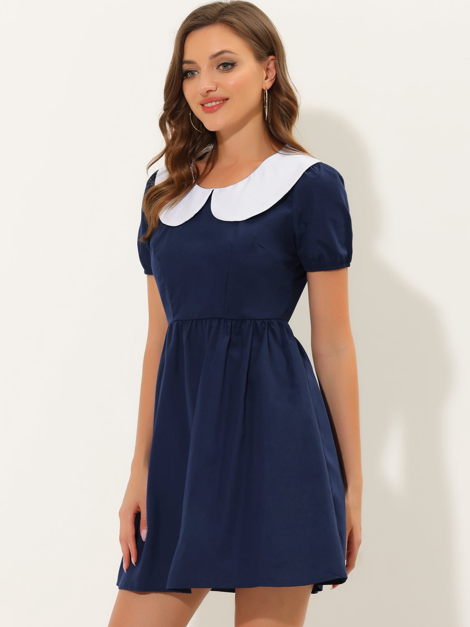 Unique Bargains Women's Contrast Peter Pan Collar Puff Sleeve Above Knee Dress XL Navy Blue