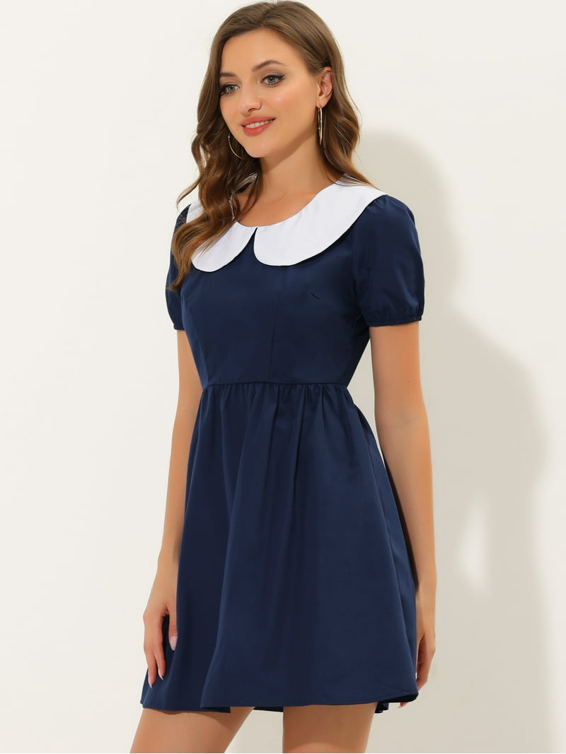 Unique Bargains Women's Contrast Peter Pan Collar Puff