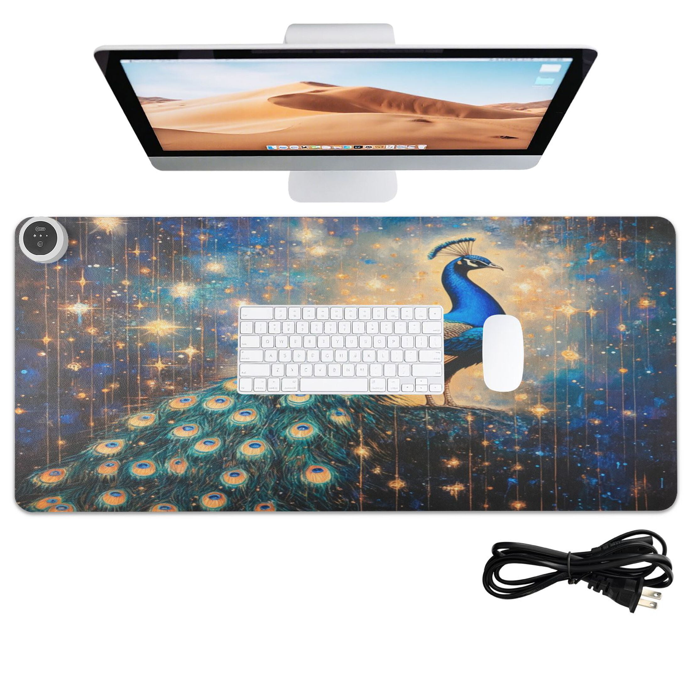 Wobogo Starry Peacock Heated Mouse Pad Extra-Large Desk Mat With 3 Heating Levels and 3-hour Auto Shut-Off Protection Ideal for Computer Keyboards Home Office Hand-warming Essential 31.5in × 13in