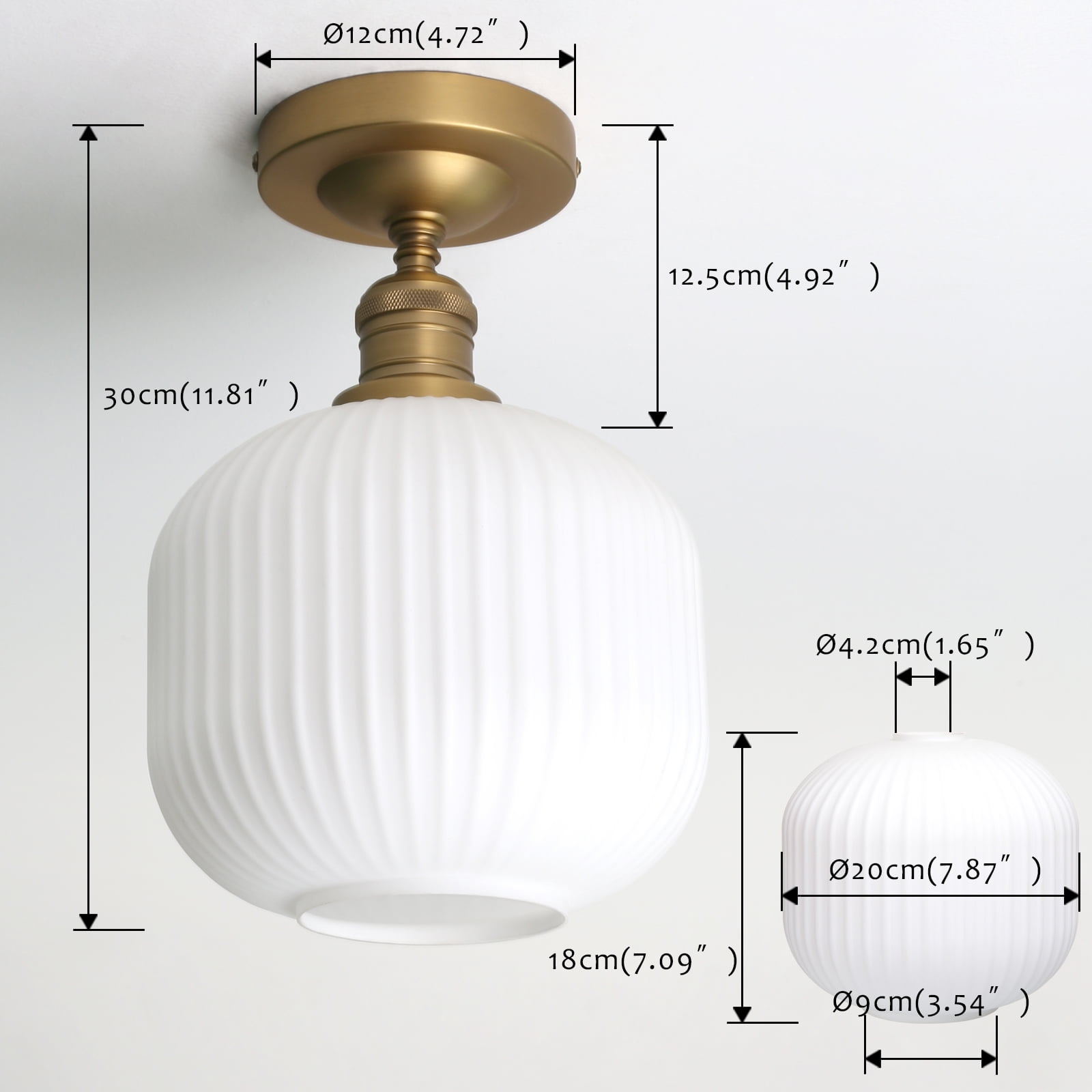 Pathson Industrial Semi Flush Mount Ceiling Light, Milky White Ribbed Glass Close to Ceiling Light for Living Room Dinning Room Kitchen Porch