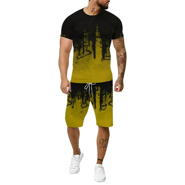 Vedolay Summer Short Sets Men 2 Piece Outfits Men's Mesh Shirts and Shorts Set Summer Outfits 2 Piece Ptinted Sleeveless Set,White 5XL