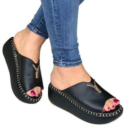 

Gubotare Woman Slippers Women s Ingrid Ankle Strap Low Wedge Sandal Black 6.5