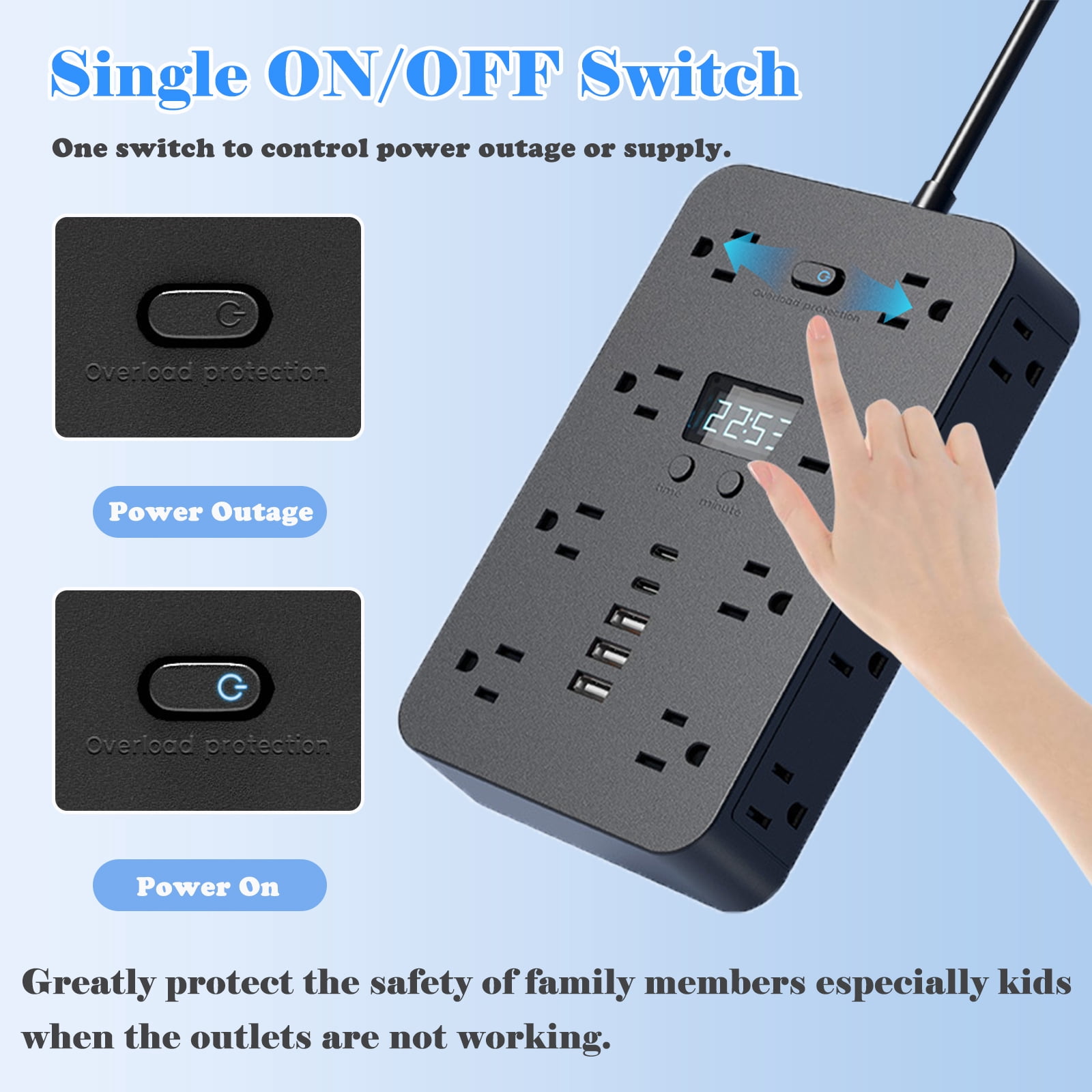 RONY 16-Outlet 5 USB Port Surge Protector Power Strip, 3-Sided Plug Outlet Extender with 10ft Long Extension Cord, Black