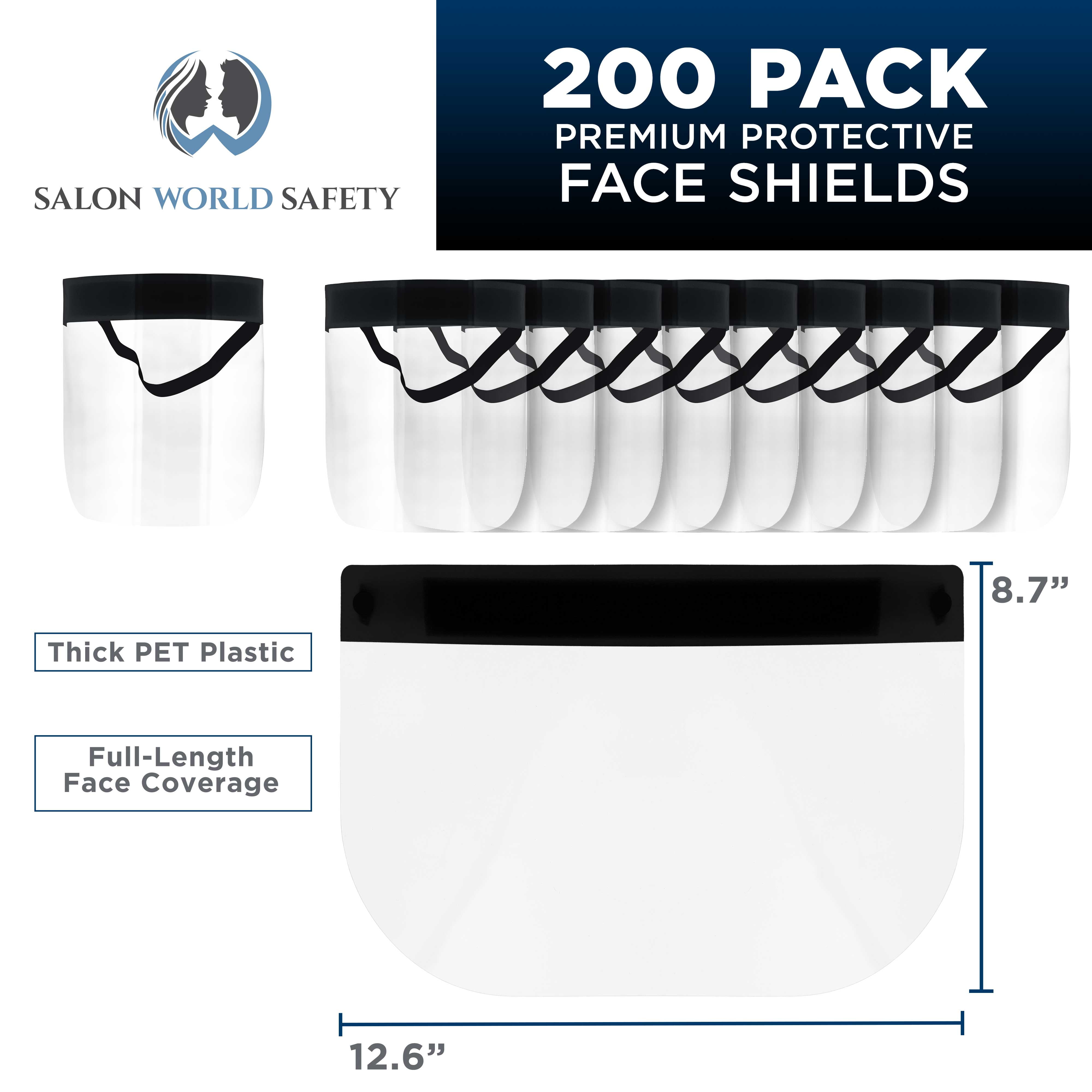 Face Shields - Case of 20 Packs (200 Black Shields) - Ultra Clear Protective Full Face Shields to Protect Eyes, Nose and Mouth - Anti-Fog PET Plastic, Elastic Headband