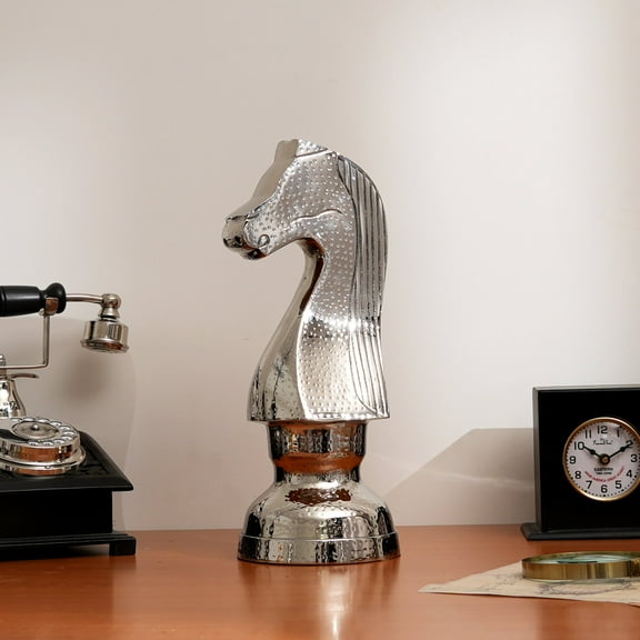 Decorative Hammered Nickel Finish Chess Horse Sculpture – Elegant Table Accent (5.5x5.5x14")