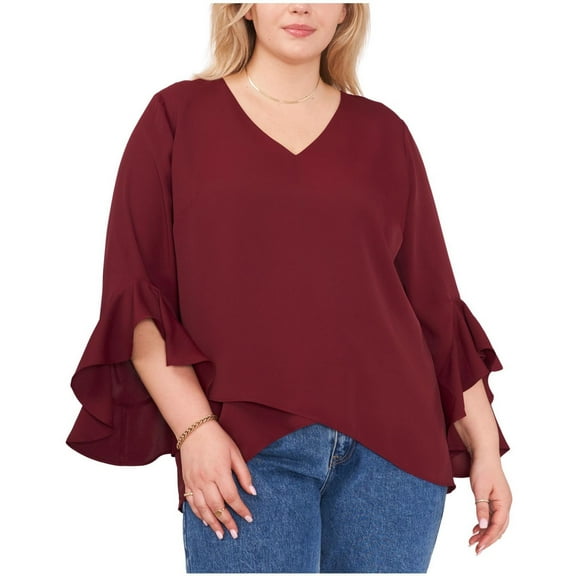 Vince Camuto Womens Crossover Georgette Peasant Blouse, Red, Plus Size, 1X