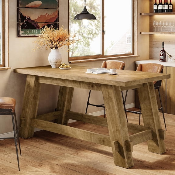 Finmind 63" Counter Height Bar Table with Footrest, Industrial High Top Pub Table, Rustic Brown