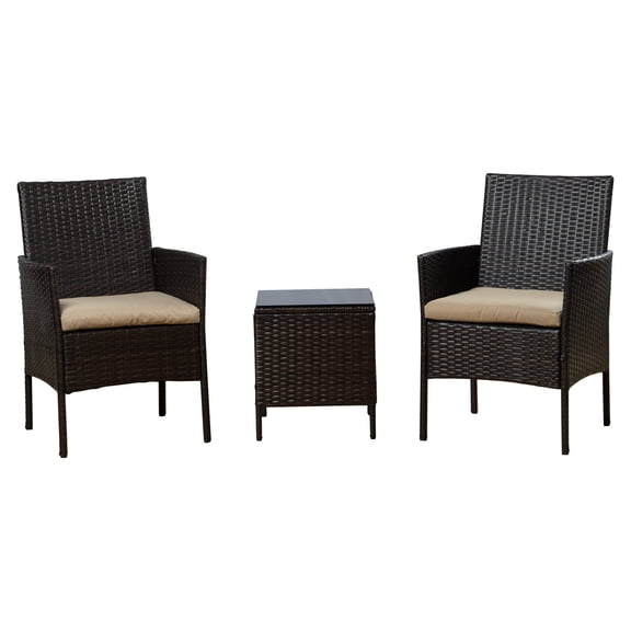 3 PCS Rattan Dining Table Set with Cushioned Chairs and Glass Coffee Table, Patio Conversation Set for Backyard Porch Garden and Poolside (Beige)