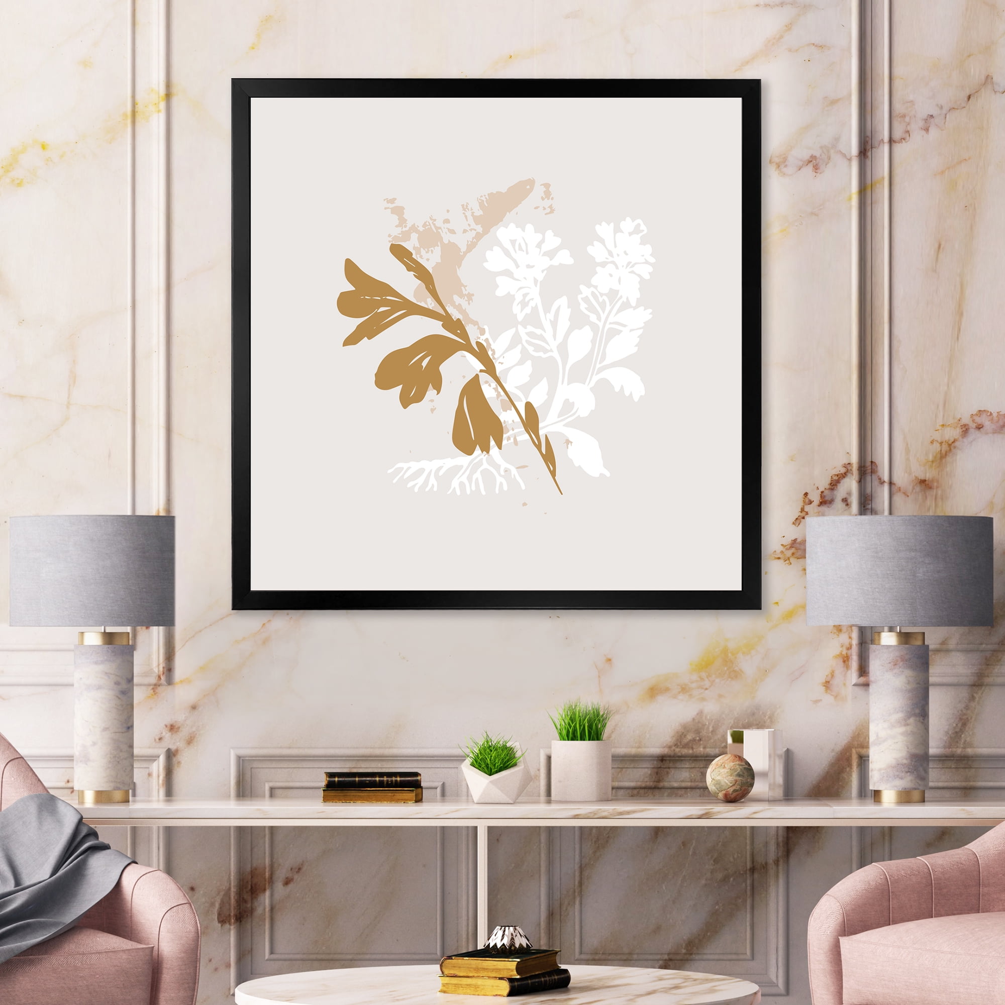 Designart 'Minimal Botanical Design In White and Brown' Traditional Framed Art Print