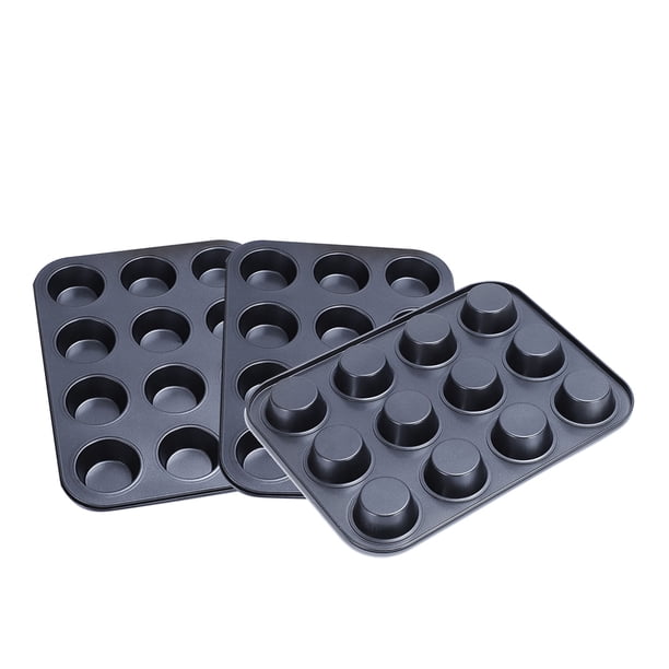 3 moldes para hornear de acero al carbono con 12 agujeros, 12 cavidades, antiadherentes, redondos, para magdalenas, magdalenas, huevos, tartas, bandeja para hornear, molde para hornear, colo