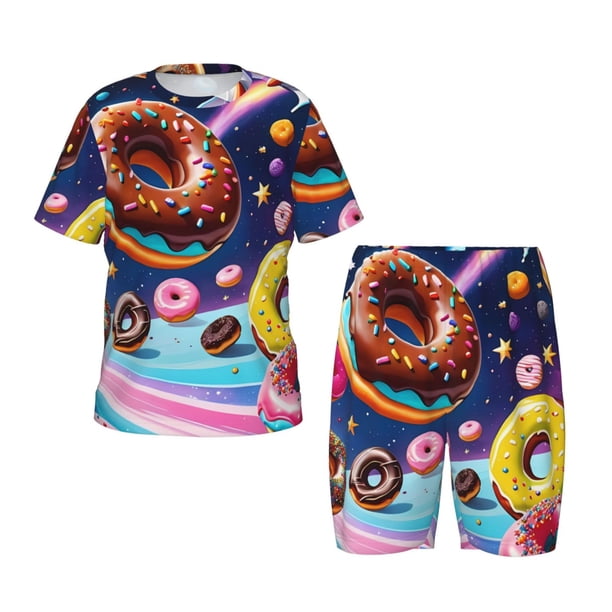 Balery Space Colorful Donut Conjunto de Pijama Infantil de Manga Corta con Estampado – Ropa de Dormir de Algodón Suave-X-Large