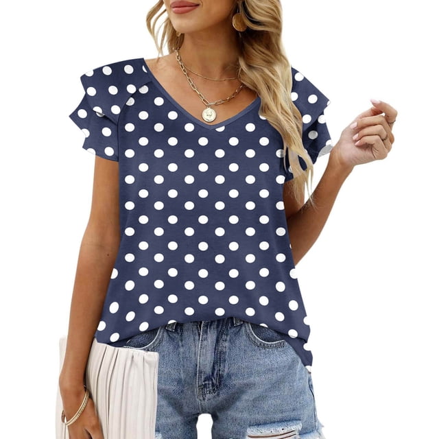 JMKQLZ Ladies' Spring And Summer Casual Pleated Leaf Sleeves Retro Non Positioning Printed Short Sleeved V-neck Shirt