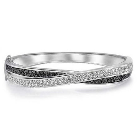 Bling Jewelry Pave Black and White CZ Criss Cross Bangle Rhodium Plated