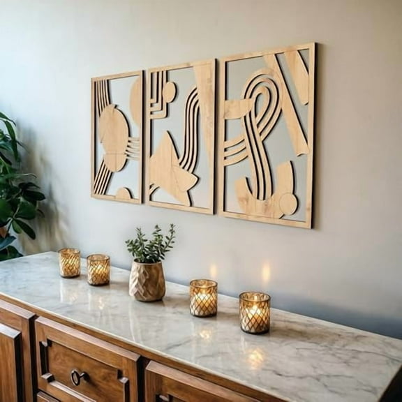 Modern Wooden Wall Sculptures - Set of 3 - Home Decor Accent - Large Wall Art for Living Room, Bedroom, Office - Easy Installation (Oak, Medium - Abstract Shapes)