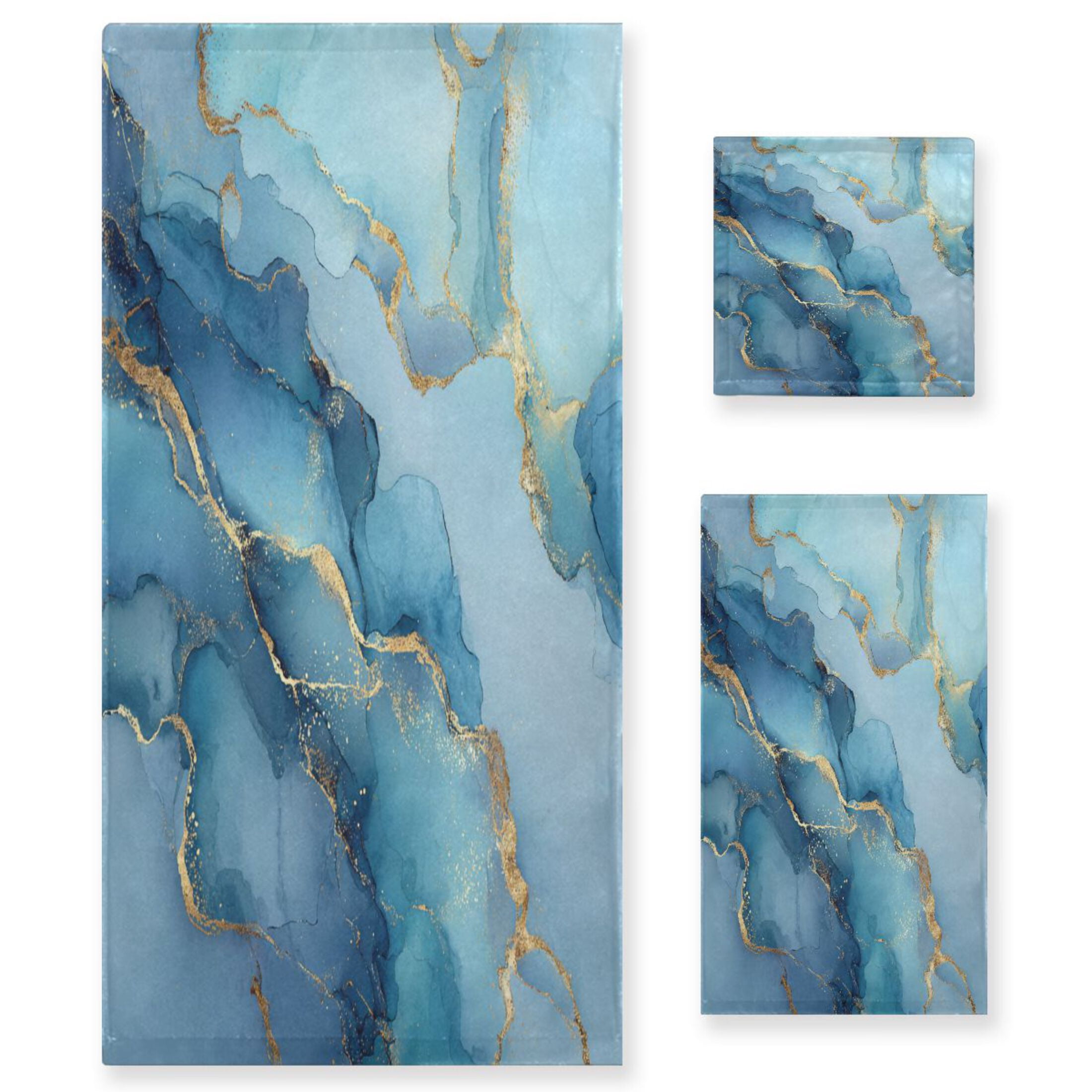 3 Sizes of Towel Sets Including Bath Towel Hand Towel and Washcloth for Daily Use Light Blue Gold Marble Pattern