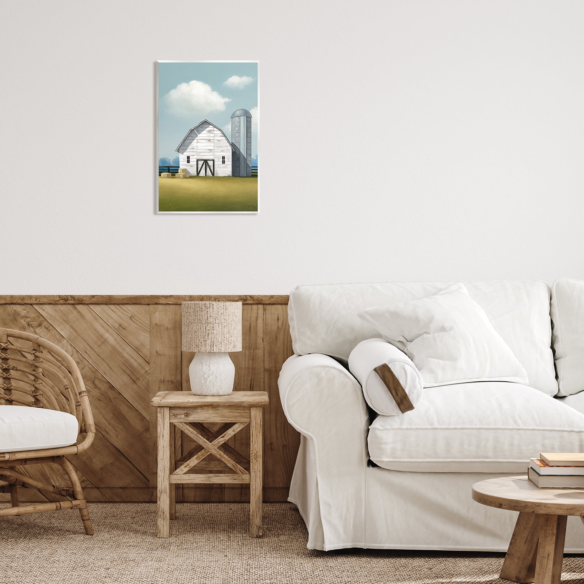 Stupell Industries White Barn with Hay Stacks Landscape Painting Unframed Art Print Wall Art, 13 x 19