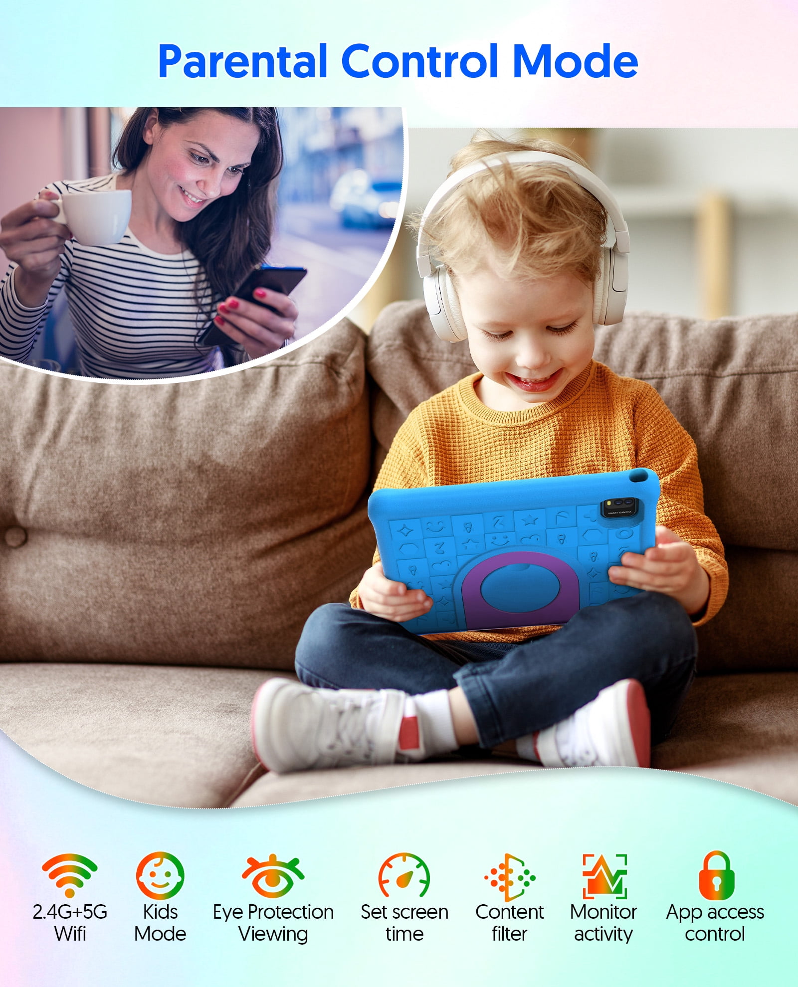 FITIFUN 10.1 inch Kids Tablet Android 15, 3GB RAM 64GB ROM 1TB Expand, Quad-Core, 5G/2.4G WiFi, 6000mAh, HD Display, Parental Control, Blue