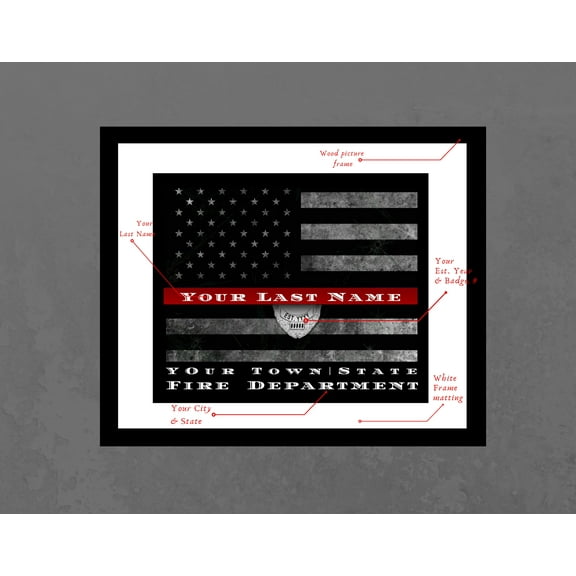 Personalized Thin Red Line Framed Firefighter Wall Art