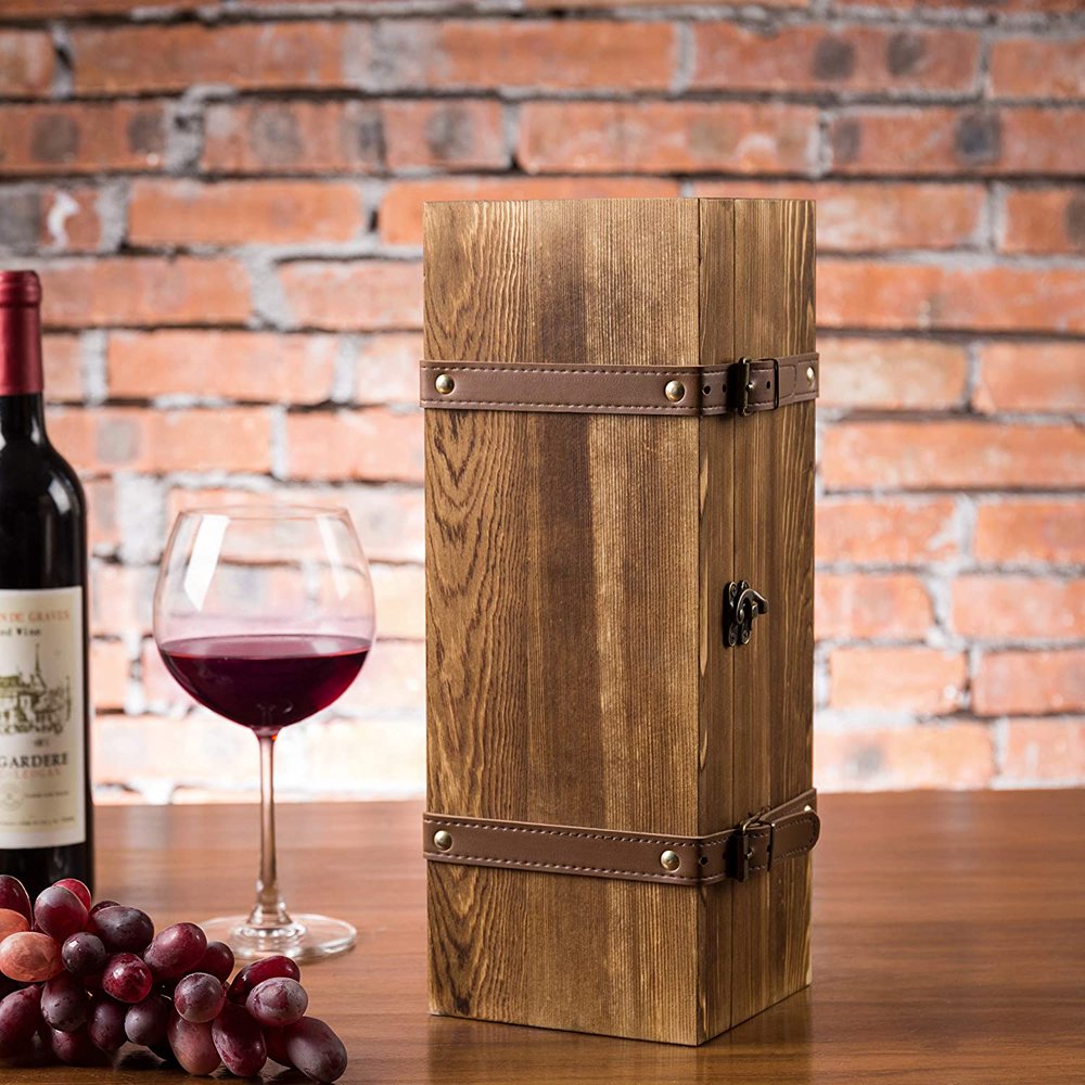 MyGift Vintage Brown Wood Single Bottle Wine Gift Box with Leatherette