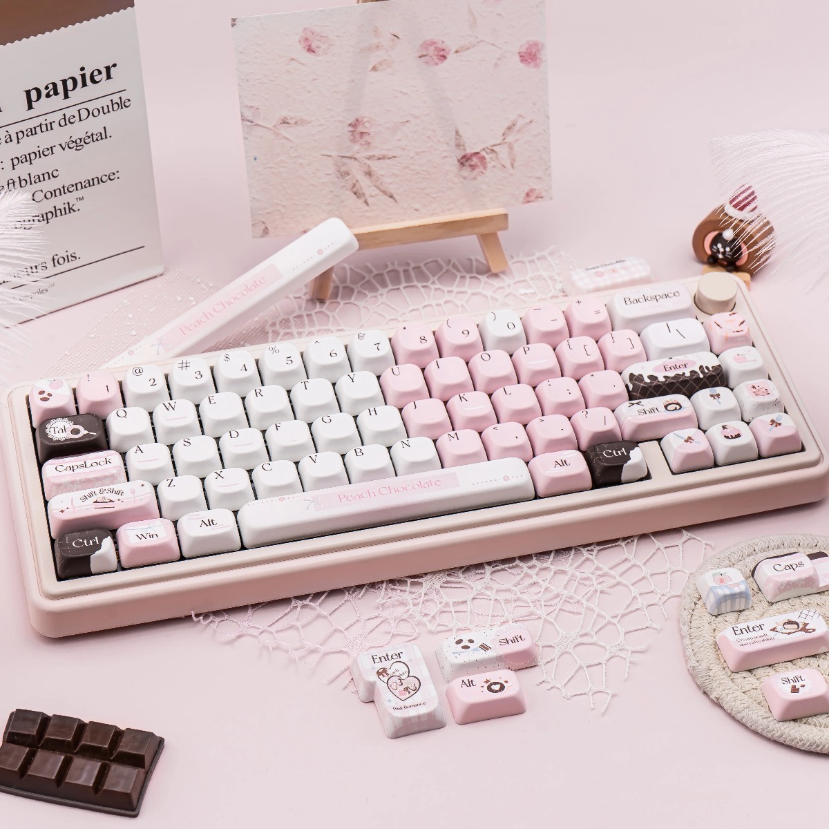 Original Peach Pink Cream Heart-Shaped Keycaps, Custom Mechanical Keyboard Keycaps – 4 Styles: OEM Heart Version (Full Set 149 Keys + Keycap Puller / Mini Set 130 Keys + Keycap Puller), FOA Heart Ver