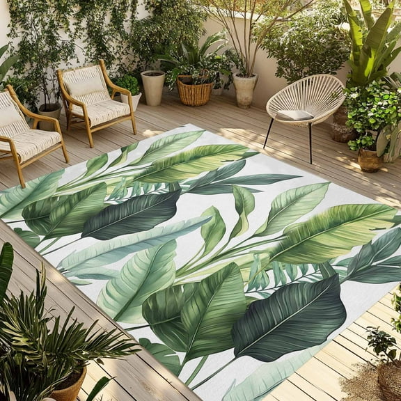 Fsddascl Palm Leaves Outdoor Rug for Patio/Deck/Porch, Non-Slip Large Area Rug 5 x 8 Ft, Simple Summer Botanical Tropical Plants Indoor Outdoor Rugs Washable Area Rugs, Reversible Camping Rug Carpet
