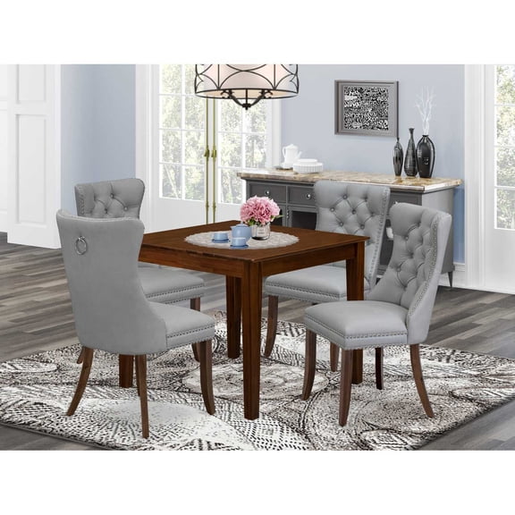 5 Piece Dining Set - Square Wood Table & 4 Upholstered Chairs - Coastal Chic Design