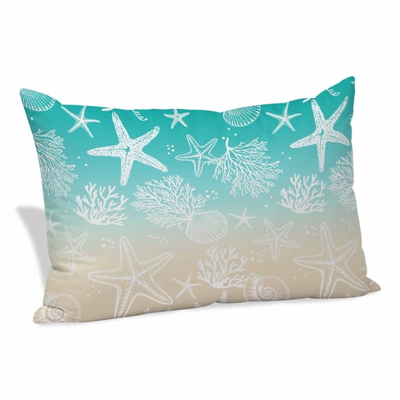 Teal Beige Ombre Coastal Pillow Covers, Linen Long Throw Pillow Case, Nautical Beach Starfish Coral Summer Holiday Pillow Protector Decorative Cushion Cover for Living Room/Bedroom 16" x 24"