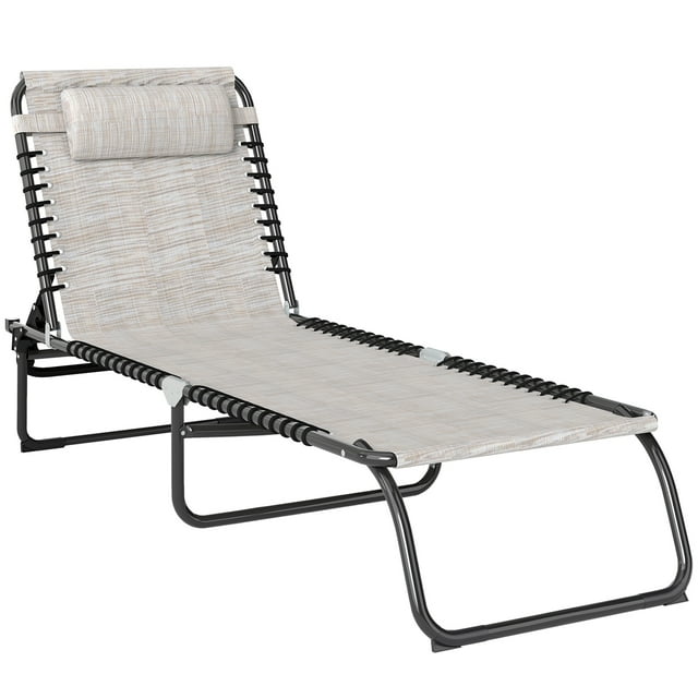 Outsunny Chaise Longue Pliante d'Extérieur, Chaise Longue Réglable à 4 Niveaux avec Appuie-Tête, Chaise de Bronzage Lit de Plage Inclinable Lit de Camp pour Camping, Randonnée, Cour Arrière, Beige