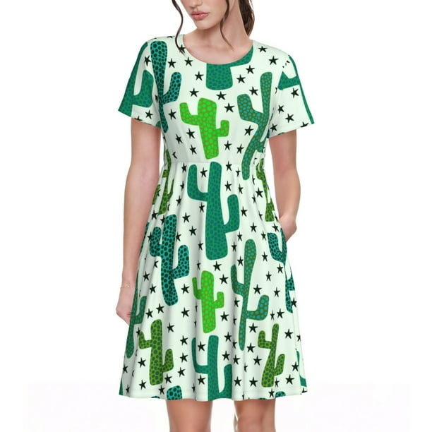 Balery Cactus 1 Vestidos sueltos de manga corta para mujer, vestidos de verano 2025, vestidos casuales de corte A con vuelo.