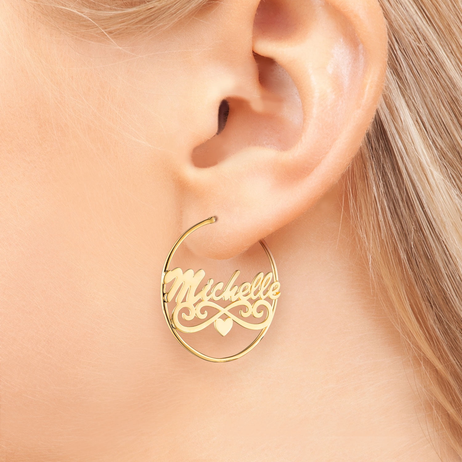 Personalized Planet Women's Sterling Silver or Gold over Silver Script Name with Heart Tail Hoop Earrings