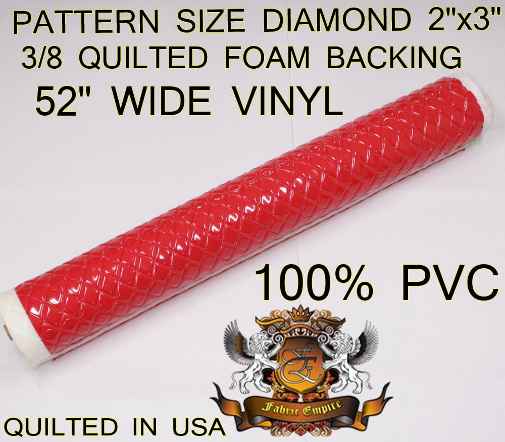 Quilted Vinyl Padded Upholstery Fabric w 3/8" Foam Backing Glossy Grain 2"x3" Diamond /52" Wide/Continuous Yard/ Wipe-Clean Padded Faux Leather, Furniture, Auto, Marine, Booth Seating, DIY (RED)