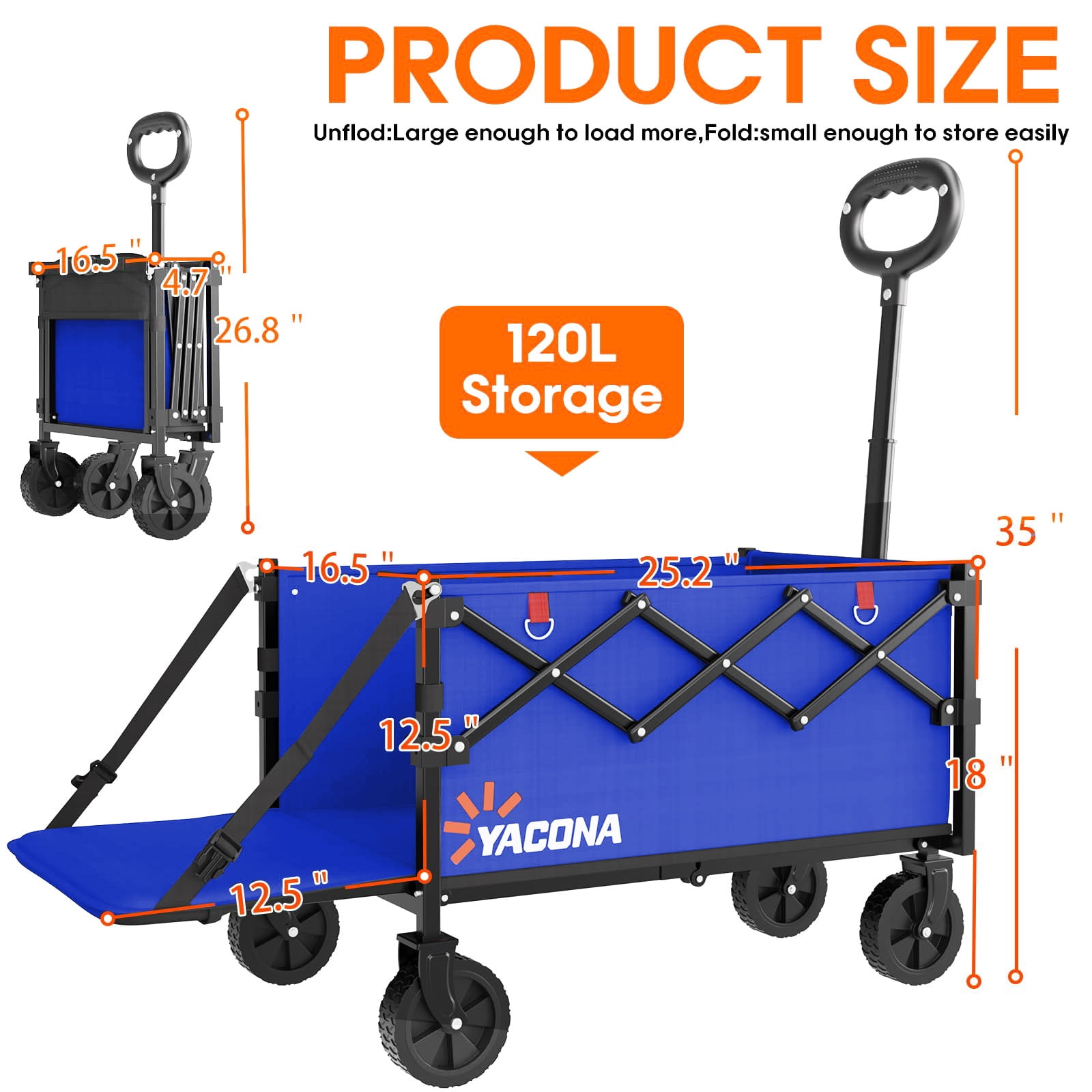 360lbs Foldable Wagon Cart with Extended Tailgate, Extra Long Folding Beach Wagon, Collapsible Cart with Wheels, for Grocery, Camp, Shop, Garden,Blue